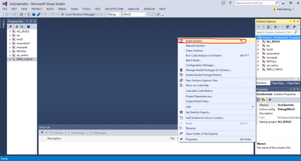 Building VC++ project using Visual Studio 2013